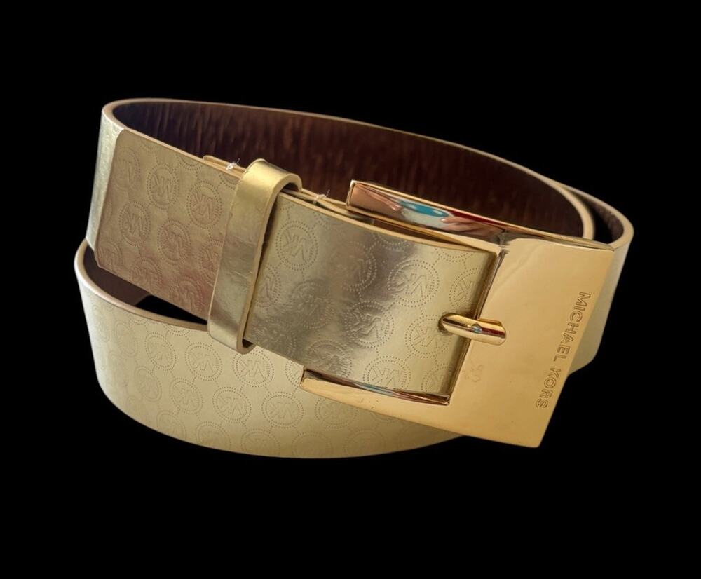 NEW-MICHAEL KORS GOLD SIGNATURE MIRROR MK LOGO+GOLD TONE BUCKLE WOMENS BELT